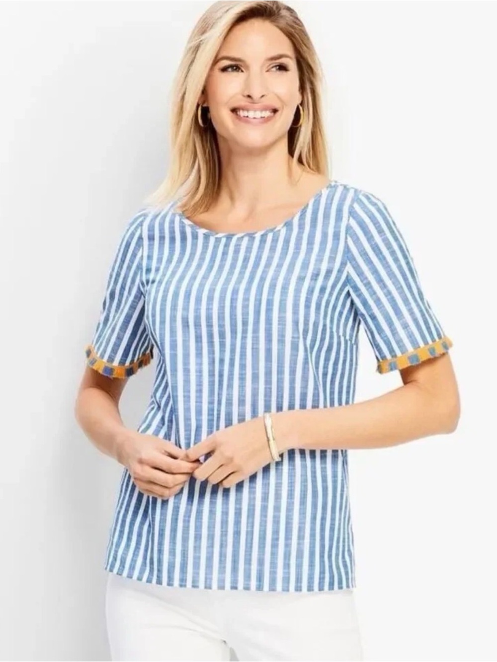 Talbots Pacific stripe fringe sleeve blouse 100% Cotton Size Small